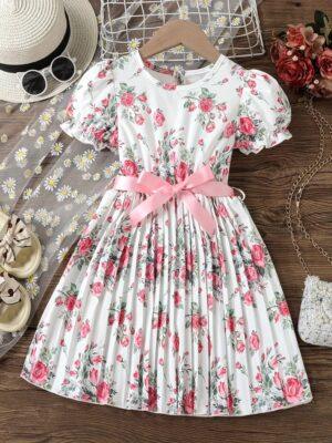 Flower Gown Elegant Floral Fit Dress for Girls with Belt