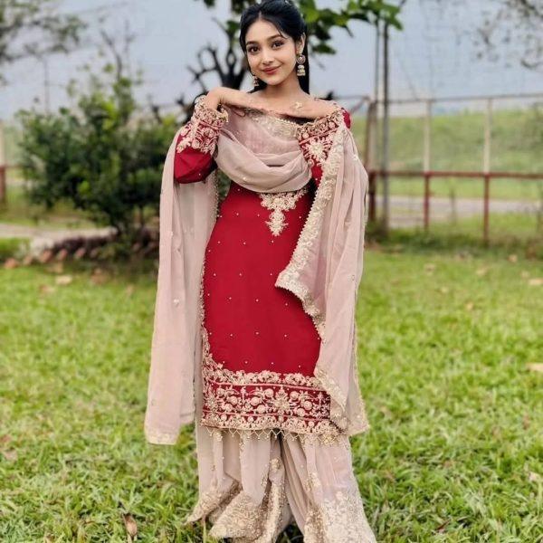 Viral Red Garara Three Piece